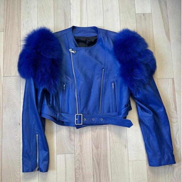 High-quality royal blue leather jacket with real fox fur shoulder - Picture 3 of 8